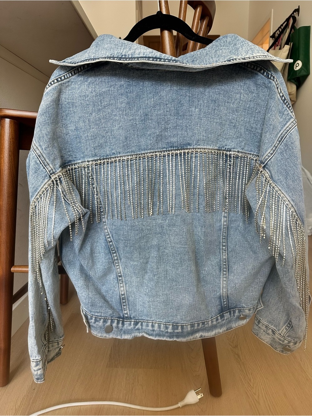 Altar'd State Light Blue Denim Jacket with Rhinestone Fringe